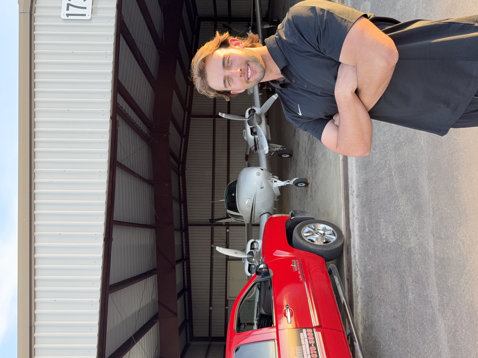 Spade Detail Co owner operator with service truck and aircraft at a Central Texas hangar